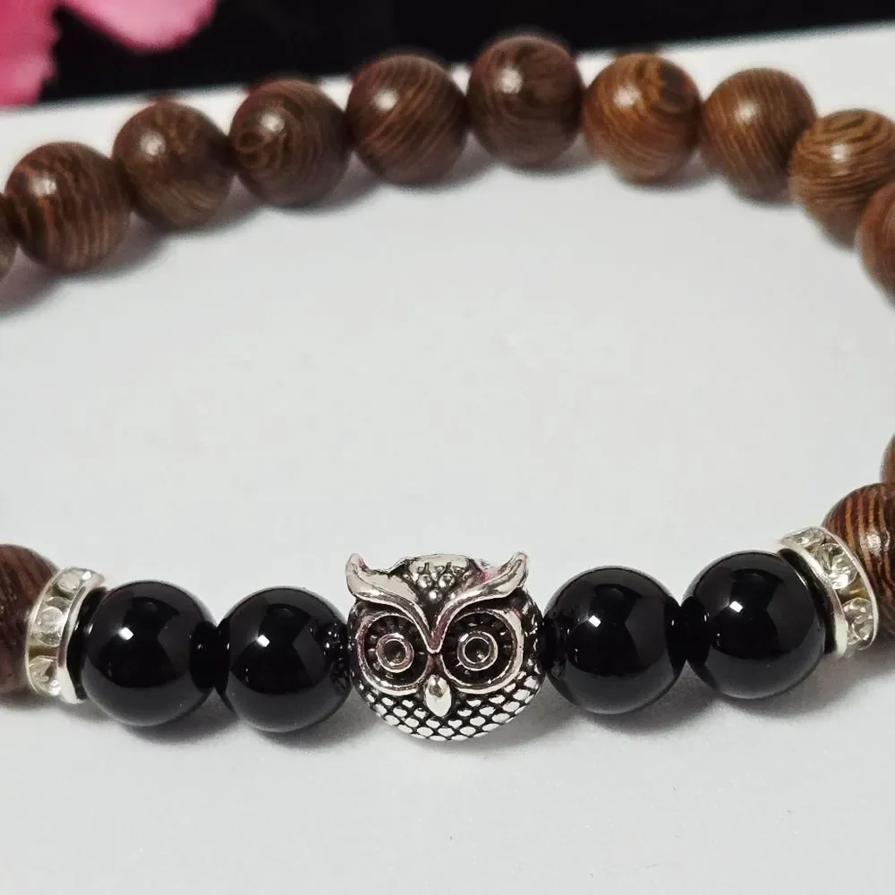 Vintage Owl Beaded Stretch Bracelet | Wood & Stone Boho Wisdom Gift Jewelry